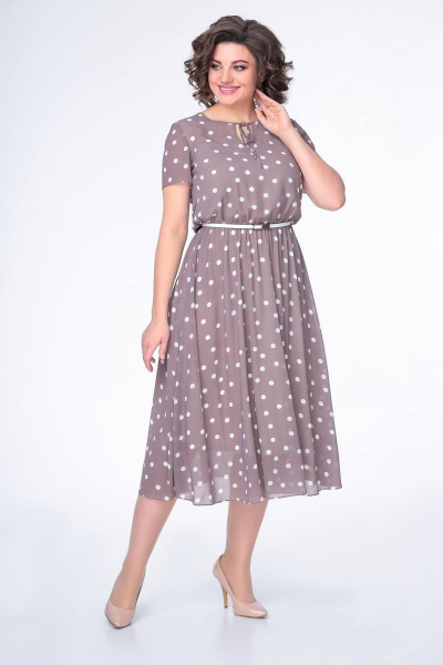 Платье из шифона с резинкой по линии талии и коротким рукавом Swallow 487 кофейный_в_белый_горох - фото 2