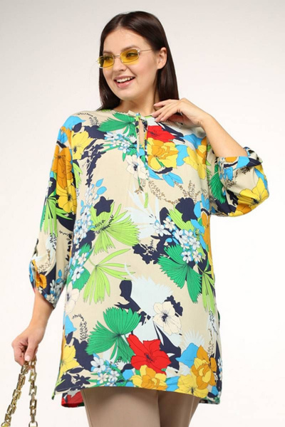 Демисезонная свободная туника из вискозы с рукавом 3/4 La rouge 9062 цветы-набивной - фото 1