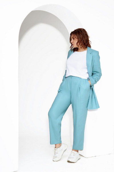 Летний костюм из льна и текстиля с брюками и жакетом IVA 1379 мята - фото 5