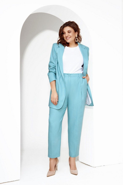 Летний костюм из льна и текстиля с брюками и жакетом IVA 1379 мята - фото 2