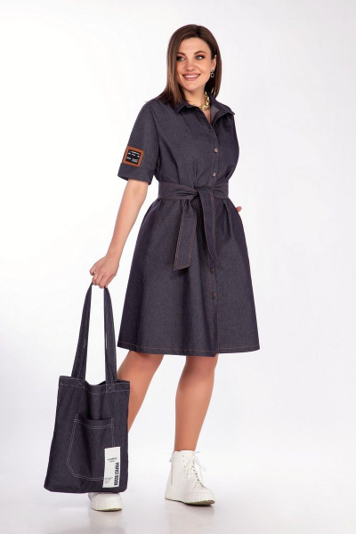 Джинсовое платье с складками и поясом для повседневных образов INVITE 4043 темно-синий - фото 1