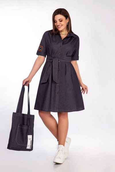 Джинсовое платье с складками и поясом для повседневных образов INVITE 4043 темно-синий - фото 3