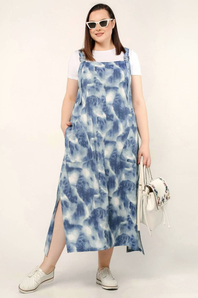 Сарафан трапециевидный с разрезами и объемными бретелями La rouge 5387 синий-набивной - фото 1