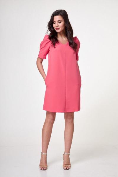 Красное платье прямого силуэта с карманами и объемным рукавом Anelli 995 коралл - фото 2