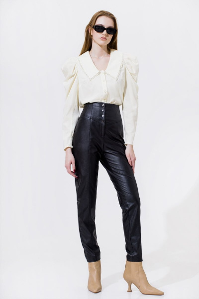 Брюки зауженные из экокожи с карманами и высоким поясом Орхидея 1127 черный - фото 1