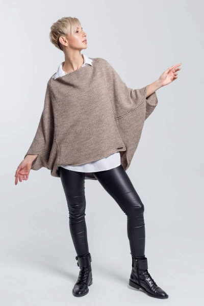 Мягкое зимнее пончо свободного oversize из вязаного материала BND EN73 бежевый - фото 2