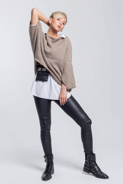 Мягкое зимнее пончо свободного oversize из вязаного материала BND EN73 бежевый - фото 1