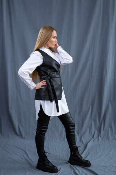 Черный жилет из эко-кожи с асимметричным кроем Пинск-Стиль 3019 черный - фото 3