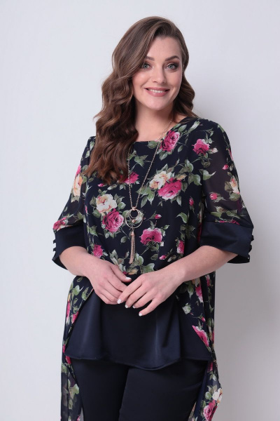 Блуза, брюки Michel chic 1287 темно-синий-цветы - фото 4