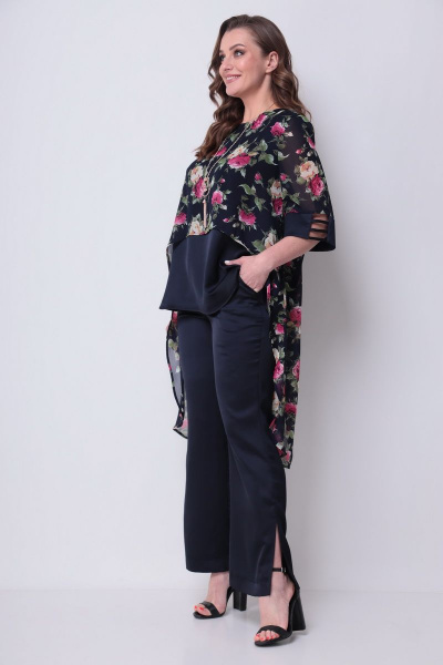 Блуза, брюки Michel chic 1287 темно-синий-цветы - фото 5