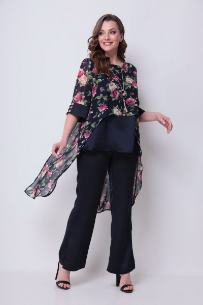 Блуза, брюки Michel chic 1287 темно-синий-цветы - фото 2