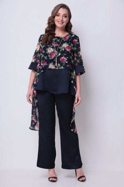 Блуза, брюки Michel chic 1287 темно-синий-цветы - фото 1