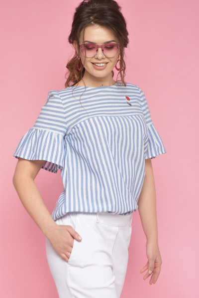 летняя блуза в полоску с воланами и коротким рукавом Anelli 387 белый+голубая_полоска - фото 1