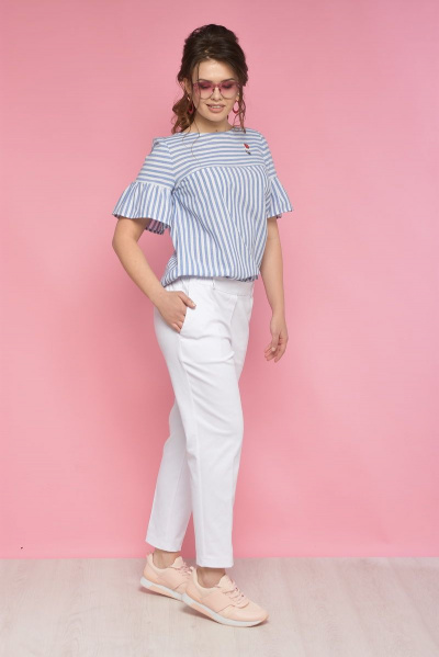 летняя блуза в полоску с воланами и коротким рукавом Anelli 387 белый+голубая_полоска - фото 5