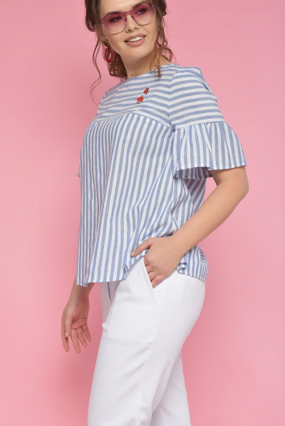 летняя блуза в полоску с воланами и коротким рукавом Anelli 387 белый+голубая_полоска - фото 3