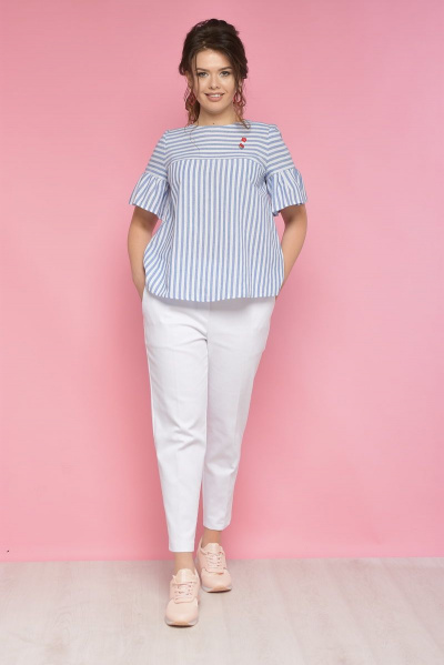 летняя блуза в полоску с воланами и коротким рукавом Anelli 387 белый+голубая_полоска - фото 2