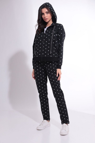 Демисезонный костюм из трикотажа с горошком и капюшоном HIT 3066 черный - фото 1