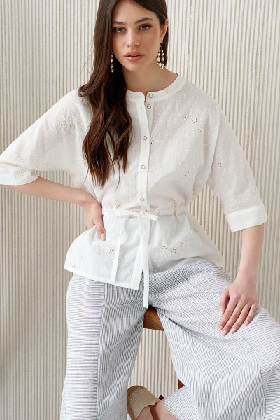 Белая блузка из кружева и хлопка с воротником и манжетами Colors of PAPAYA 1586 молочный - фото 3