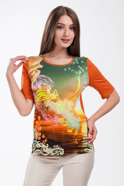 Летний джемпер из трикотажа с стразами и трансфером Femme & Devur 5951 1.32F(170) - фото 1