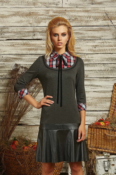 Стильное платье с имитацией блузки из трикотажа и кожи Lenta OUTLET 2218Р1001 - фото 1