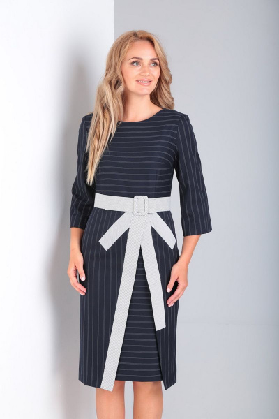 Деловое платье с отрезной талией, бантом и полоской Gamma Gracia 328 чернильный-полоска - фото 2