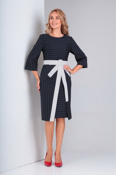 Деловое платье с отрезной талией, бантом и полоской Gamma Gracia 328 чернильный-полоска - фото 1