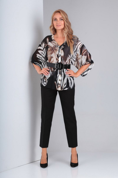 Блуза, брюки Gamma Gracia 344 черный-бело-коричневые-цветы - фото 3