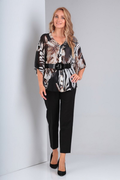 Блуза, брюки Gamma Gracia 344 черный-бело-коричневые-цветы - фото 2