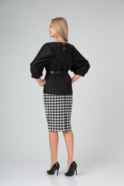 Черный блузон и юбка из хлопка с складками и ремнем Gamma Gracia 514 черный-серый-гусиная-лапка - фото 4