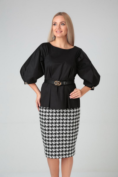 Черный блузон и юбка из хлопка с складками и ремнем Gamma Gracia 514 черный-серый-гусиная-лапка - фото 3