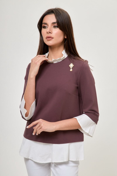 Коричневая блузка-трансформер из текстиля с манжетами Anelli 604 коричневый - фото 2