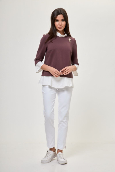 Коричневая блузка-трансформер из текстиля с манжетами Anelli 604 коричневый - фото 1