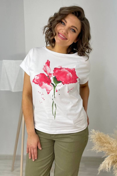 Футболка на каждый день из хлопка с принтом и спущенным плечом Rumoda 2061_кр коралл - фото 6