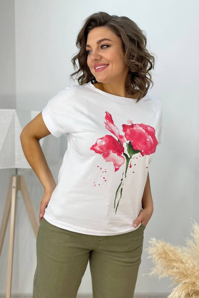 Футболка на каждый день из хлопка с принтом и спущенным плечом Rumoda 2061_кр коралл - фото 7