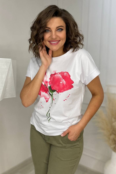 Футболка на каждый день из хлопка с принтом и спущенным плечом Rumoda 2061_кр коралл - фото 4