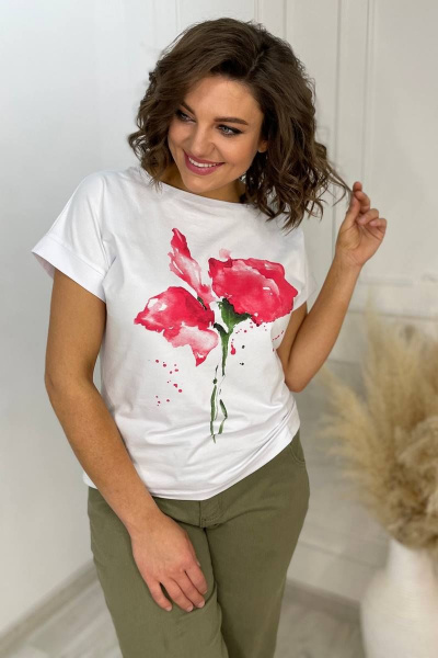 Футболка на каждый день из хлопка с принтом и спущенным плечом Rumoda 2061_кр коралл - фото 5