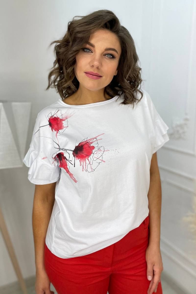 Белая трикотажная футболка с валаном и принтом Rumoda 2069 белый - фото 2