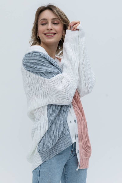 Классический колорблок кардиган из трикотажа с пуговицами Romgil 684ПТЗ  белый,розовый,светло-серый - фото 2