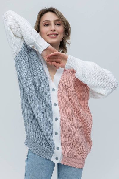 Классический колорблок кардиган из трикотажа с пуговицами Romgil 684ПТЗ  белый,розовый,светло-серый - фото 1