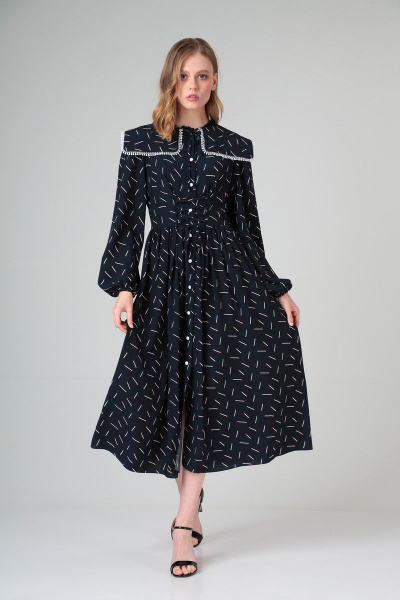 Платье из вискозы с талиевыми выточками и рюшей SandyNa 130113 синий_спички - фото 1