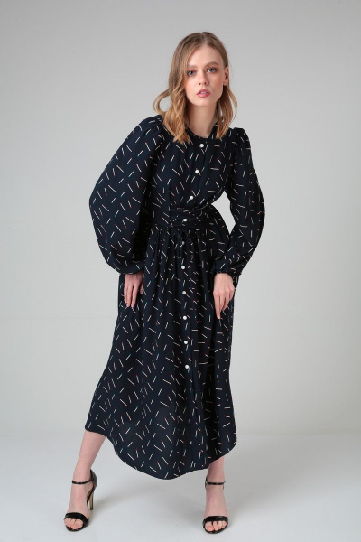 Платье из вискозы с талиевыми выточками и рюшей SandyNa 130113 синий_спички - фото 4