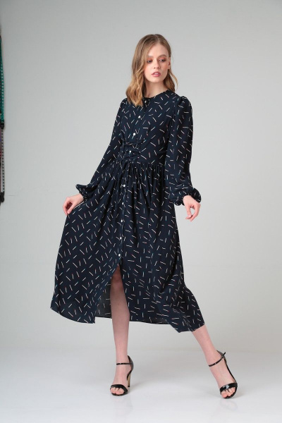 Платье из вискозы с талиевыми выточками и рюшей SandyNa 130113 синий_спички - фото 3