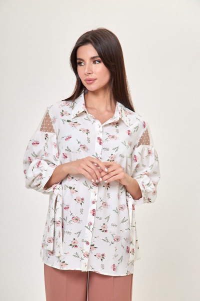 Белая блуза с кружевными рукавами и воротником Anelli 997 белый+цветы_жасмин - фото 2