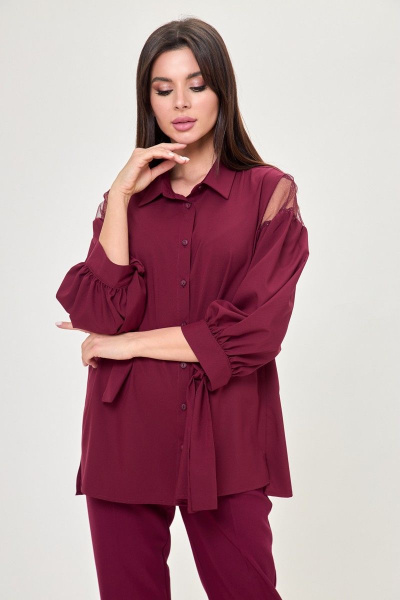 Блуза приталенная с кружевными вставками и полоской Anelli 997 бордо - фото 7