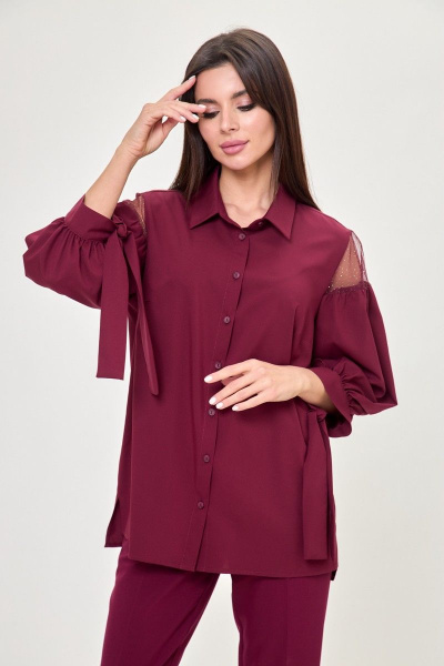Блуза приталенная с кружевными вставками и полоской Anelli 997 бордо - фото 5