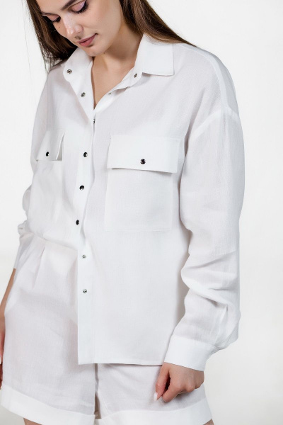 Летняя льняная рубашка из умягченного льна с отделочными карманами Atelero 1009 белый - фото 3