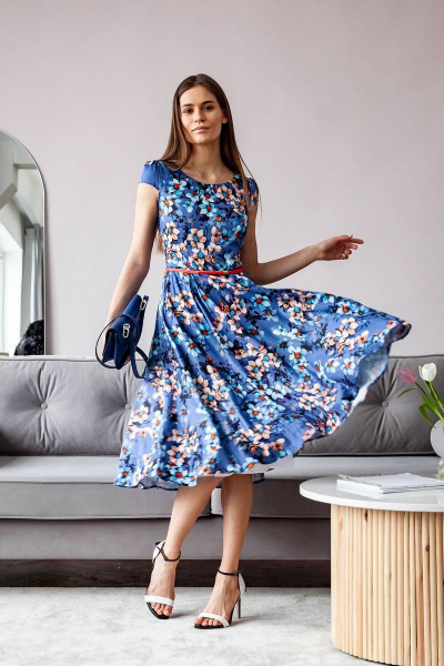 Платье с пышной юбкой в стиле 50-х и эффектом нью-лук ARTiMODA 321-07 синий_принт_цветы - фото 2