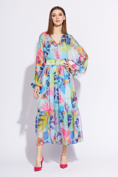 Летнее платье из шифона с рисунком и съёмным поясом EOLA 2206 голубой+рисунок - фото 3