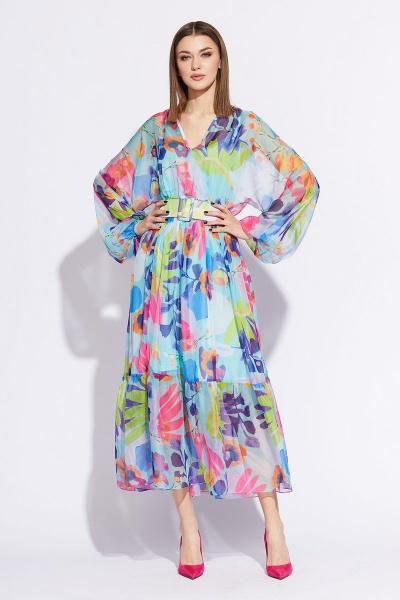 Летнее платье из шифона с рисунком и съёмным поясом EOLA 2206 голубой+рисунок - фото 2