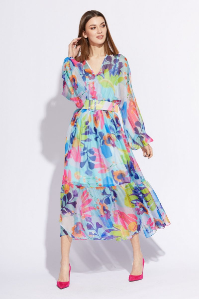 Летнее платье из шифона с рисунком и съёмным поясом EOLA 2206 голубой+рисунок - фото 1